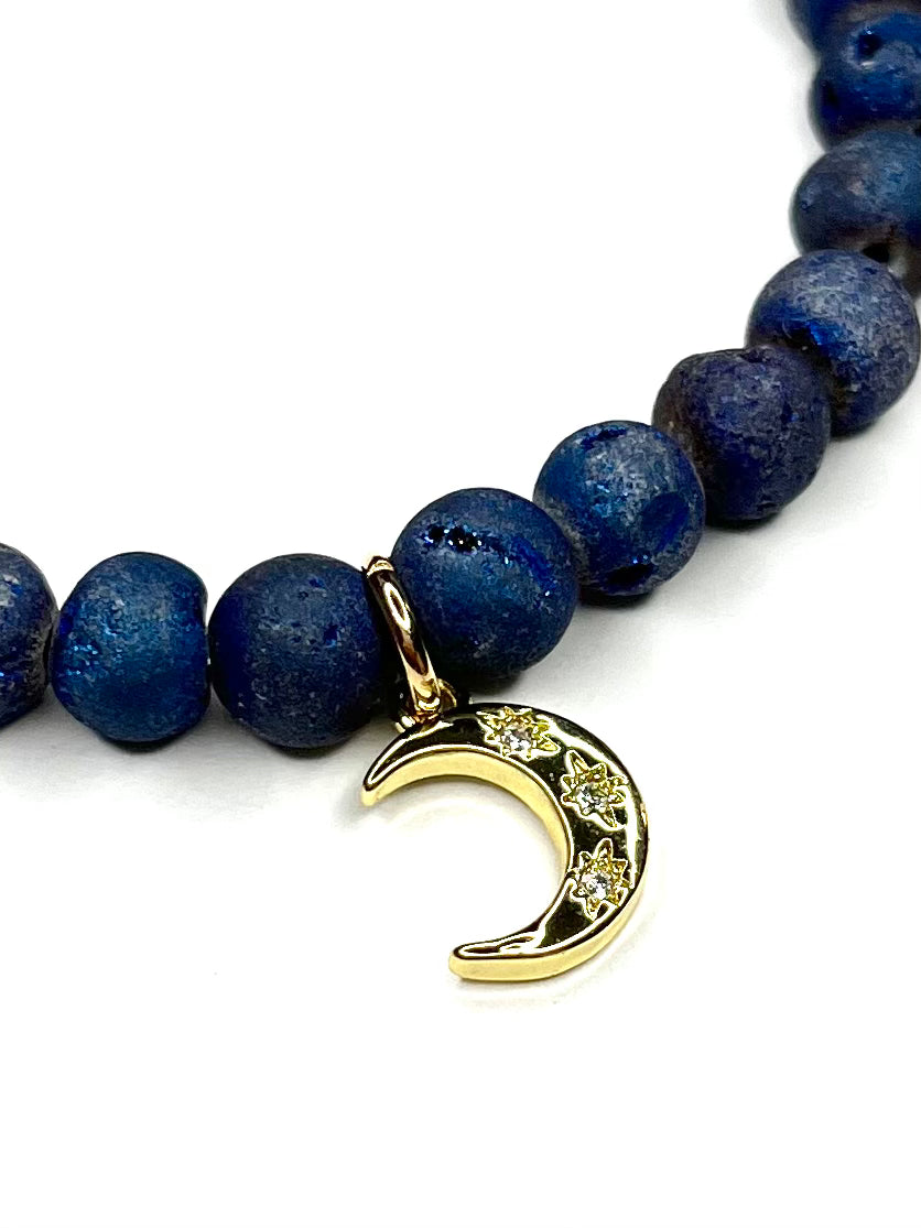 Navy Drusy Stretch Bracelet with Moon Charm