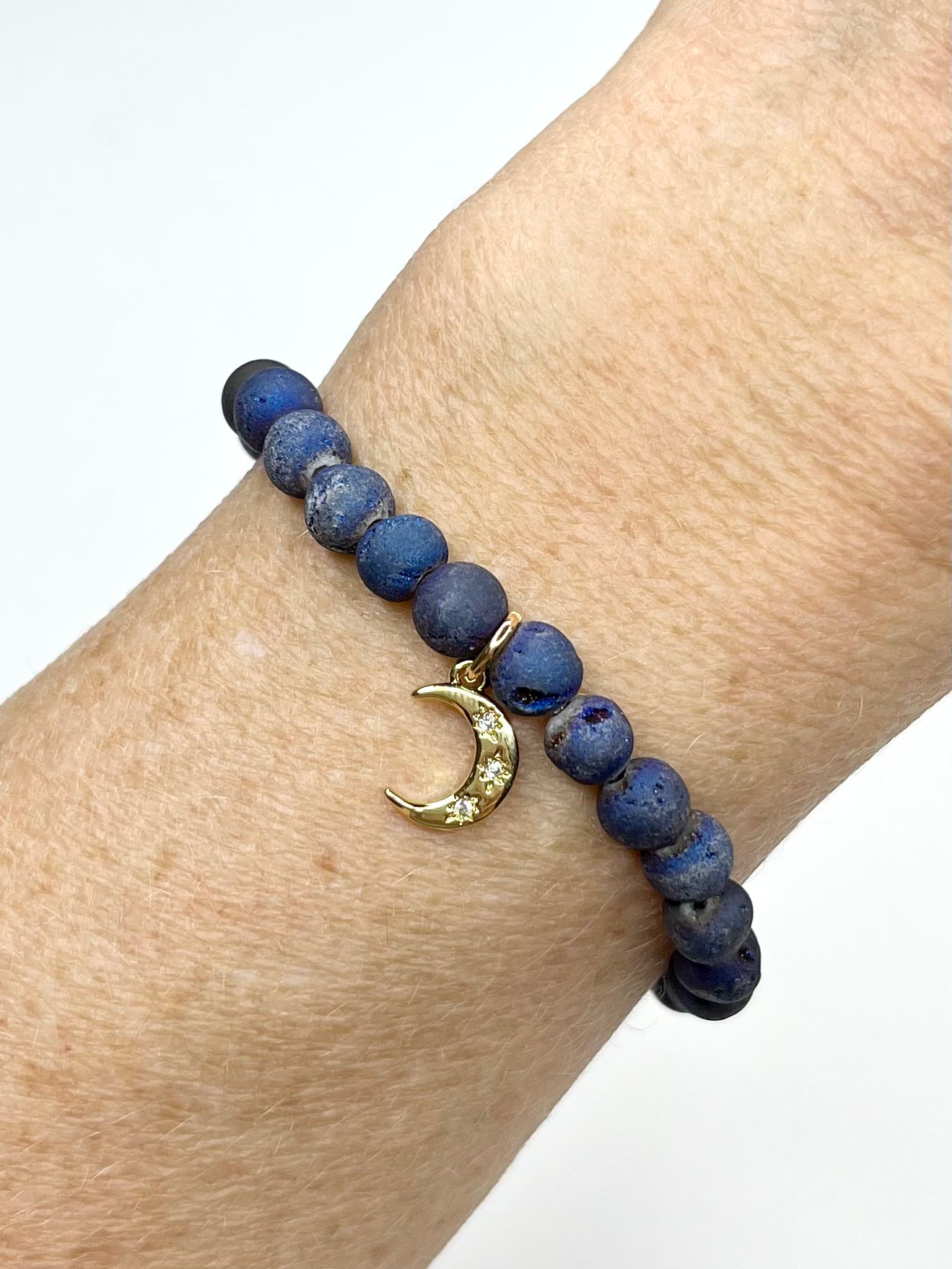 Navy Drusy Stretch Bracelet with Moon Charm