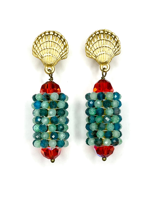 Hand Woven Earring on Gold Plated Shell Post- Amazonite and Green Onyx