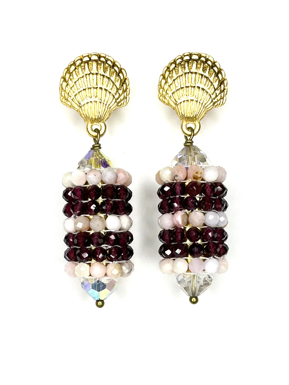 Hand Woven Gemstone Earring with Shell Post- Rose Quartz-Garnet