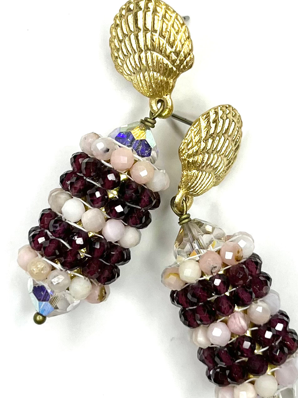 Hand Woven Gemstone Earring with Shell Post- Rose Quartz-Garnet
