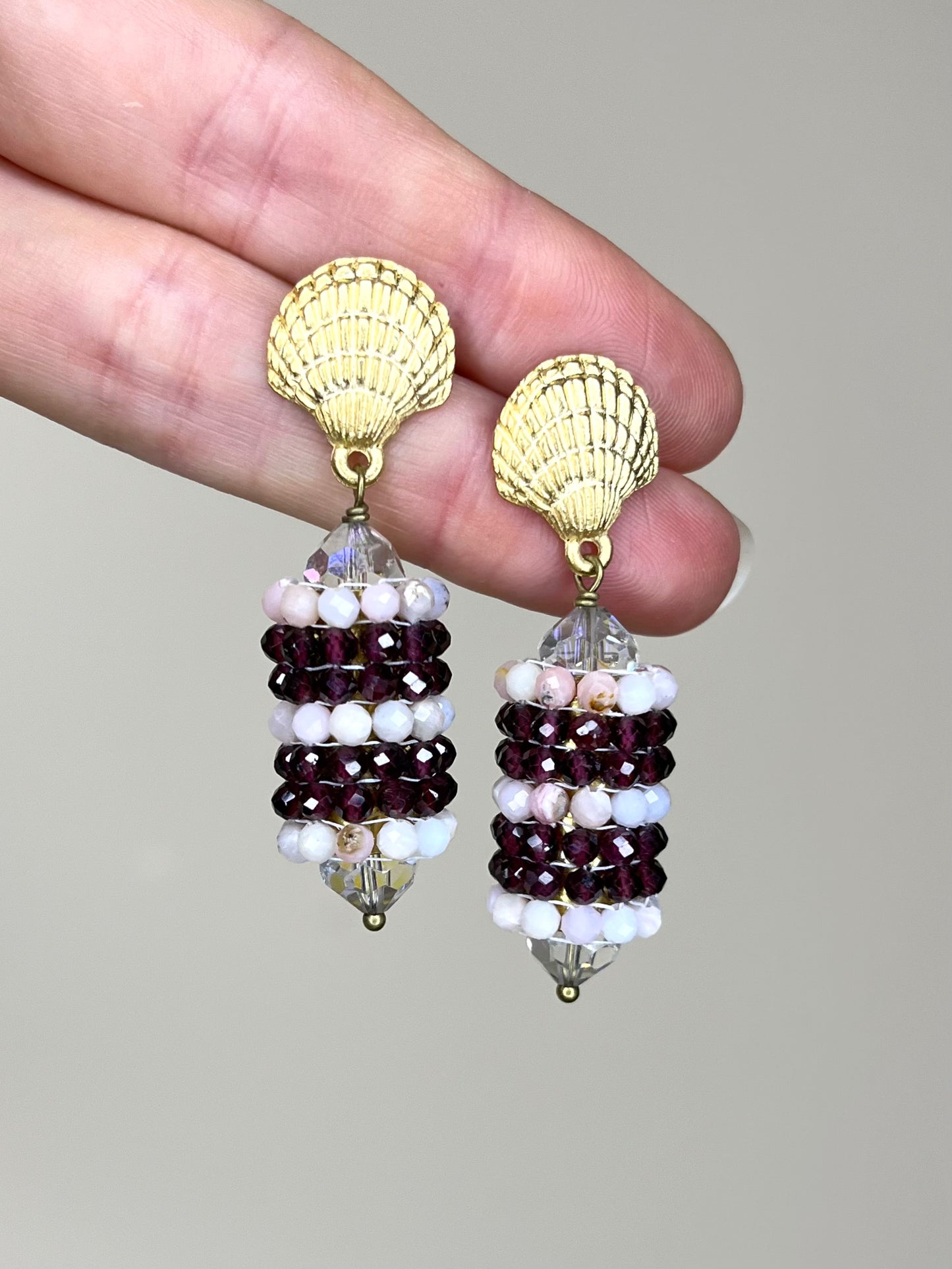 Hand Woven Gemstone Earring with Shell Post- Rose Quartz-Garnet