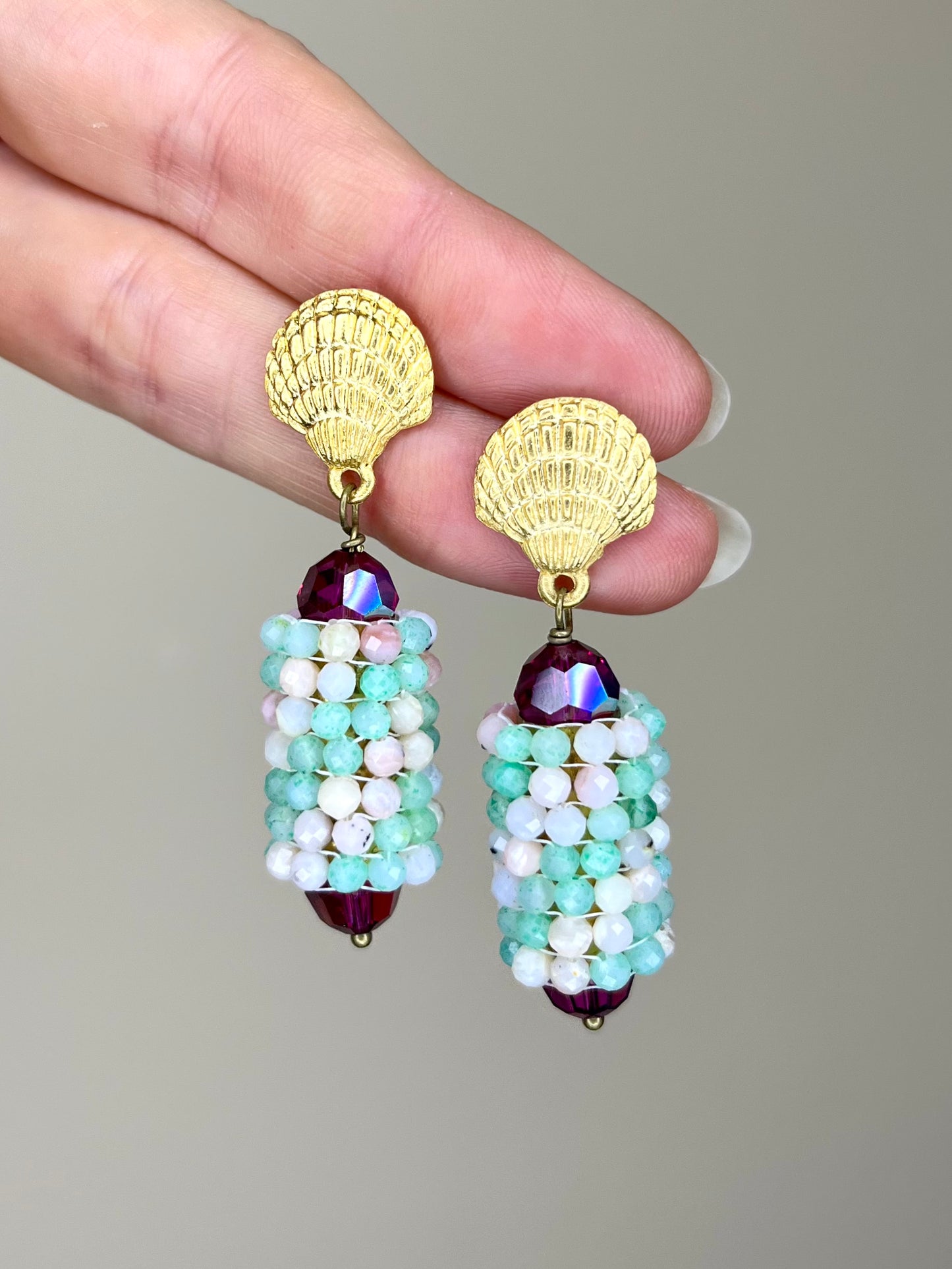 Hand Woven Earring on Shell Post- Pink and Green Opal