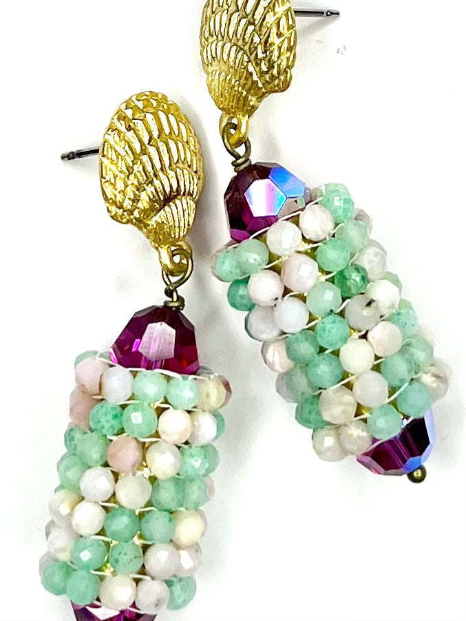 Hand Woven Earring on Shell Post- Pink and Green Opal
