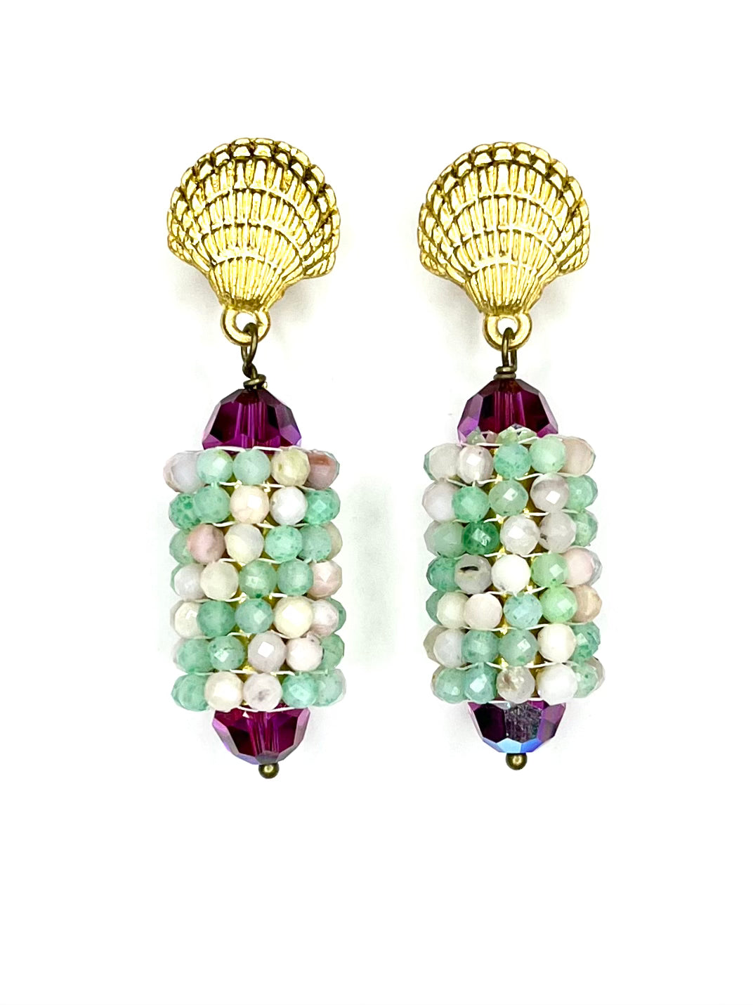 Hand Woven Earring on Shell Post- Pink and Green Opal
