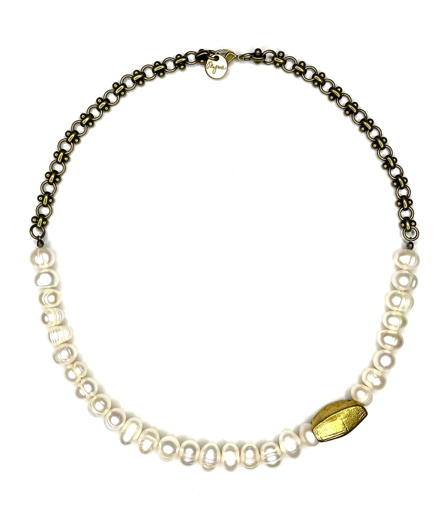 White Pearl Necklace with Bronze