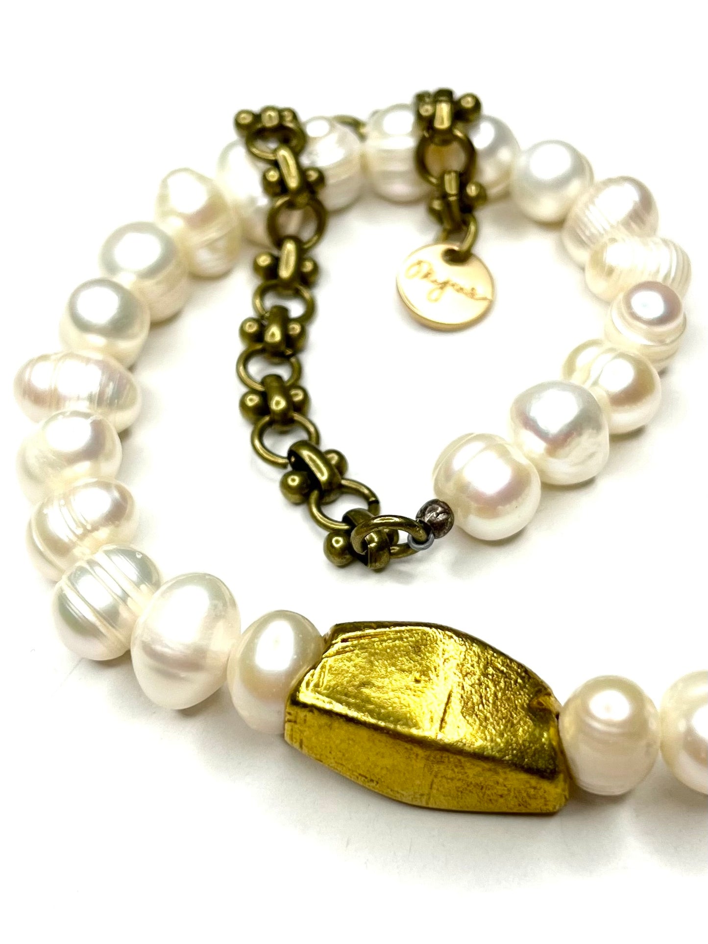 White Pearl Necklace with Bronze