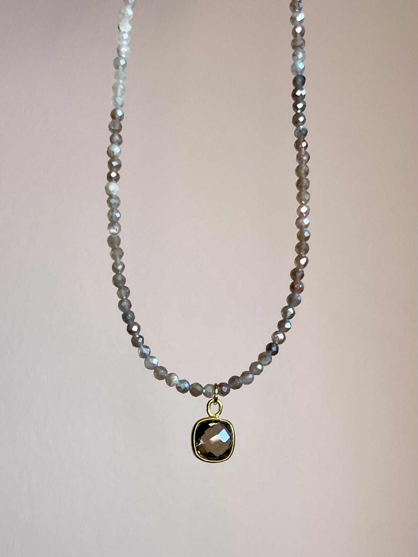 Delicate Chocolate Moonstone Necklace with Smoky Quartz Pendant