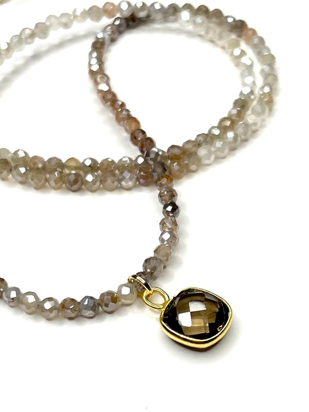 Delicate Chocolate Moonstone Necklace with Smoky Quartz Pendant