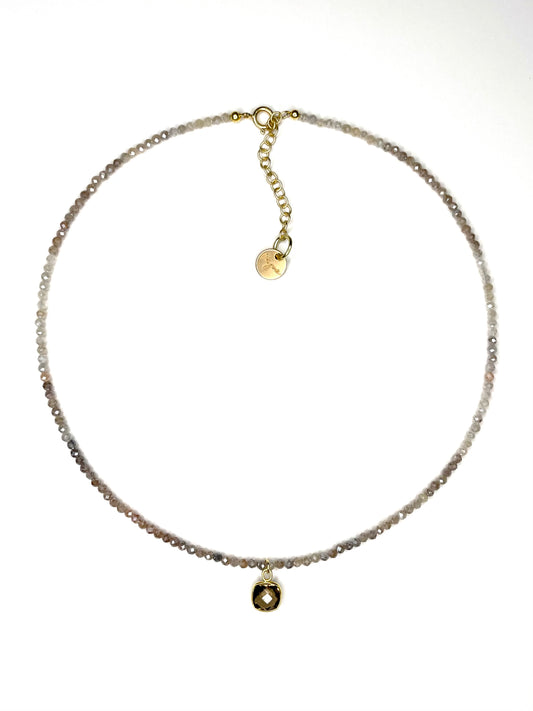Delicate Chocolate Moonstone Necklace with Smoky Quartz Pendant