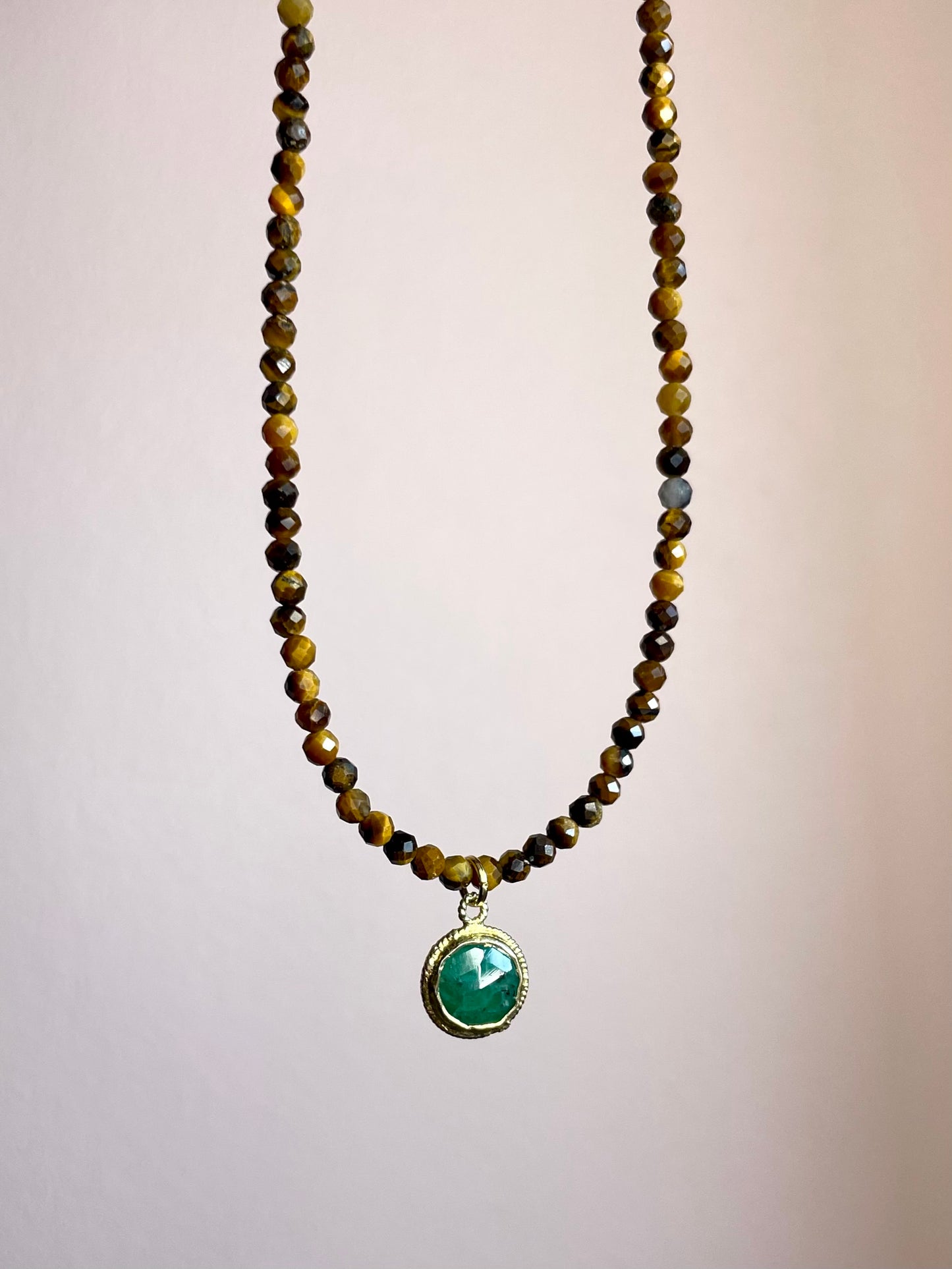 Tiger Eye Necklace with Emerald Pendant