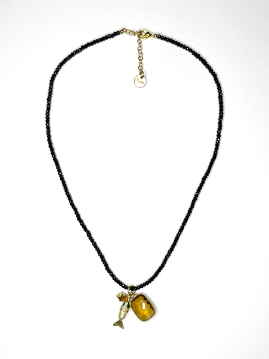 Faceted Black Onyx Rondelle Necklace with Charms