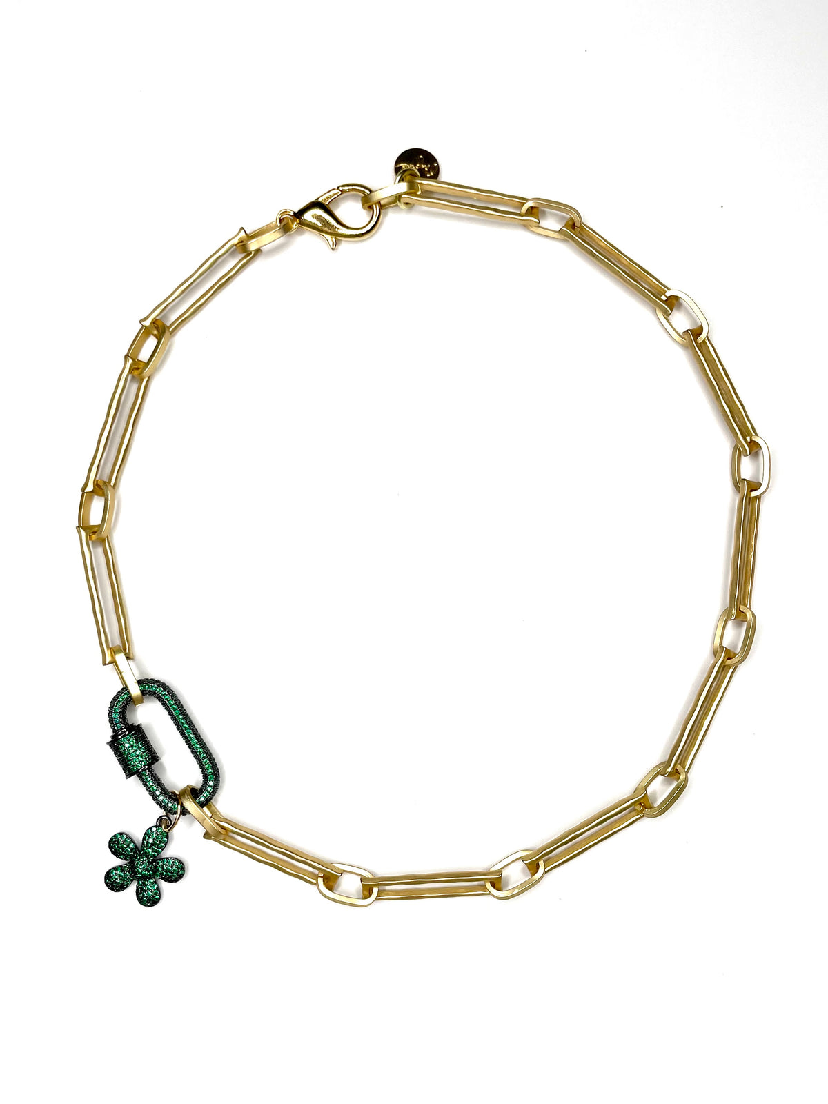 JOSSIE- Short Paper Clip Necklace with CZ Carabiner and Charm