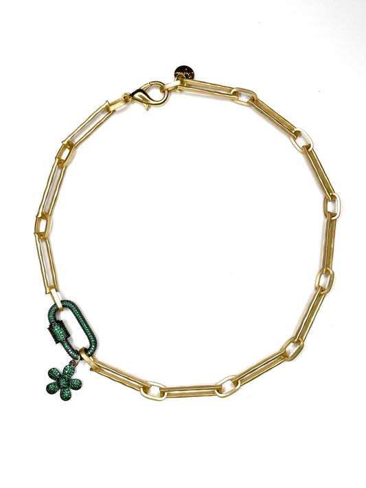JOSSIE- Short Paper Clip Necklace with CZ Carabiner and Charm