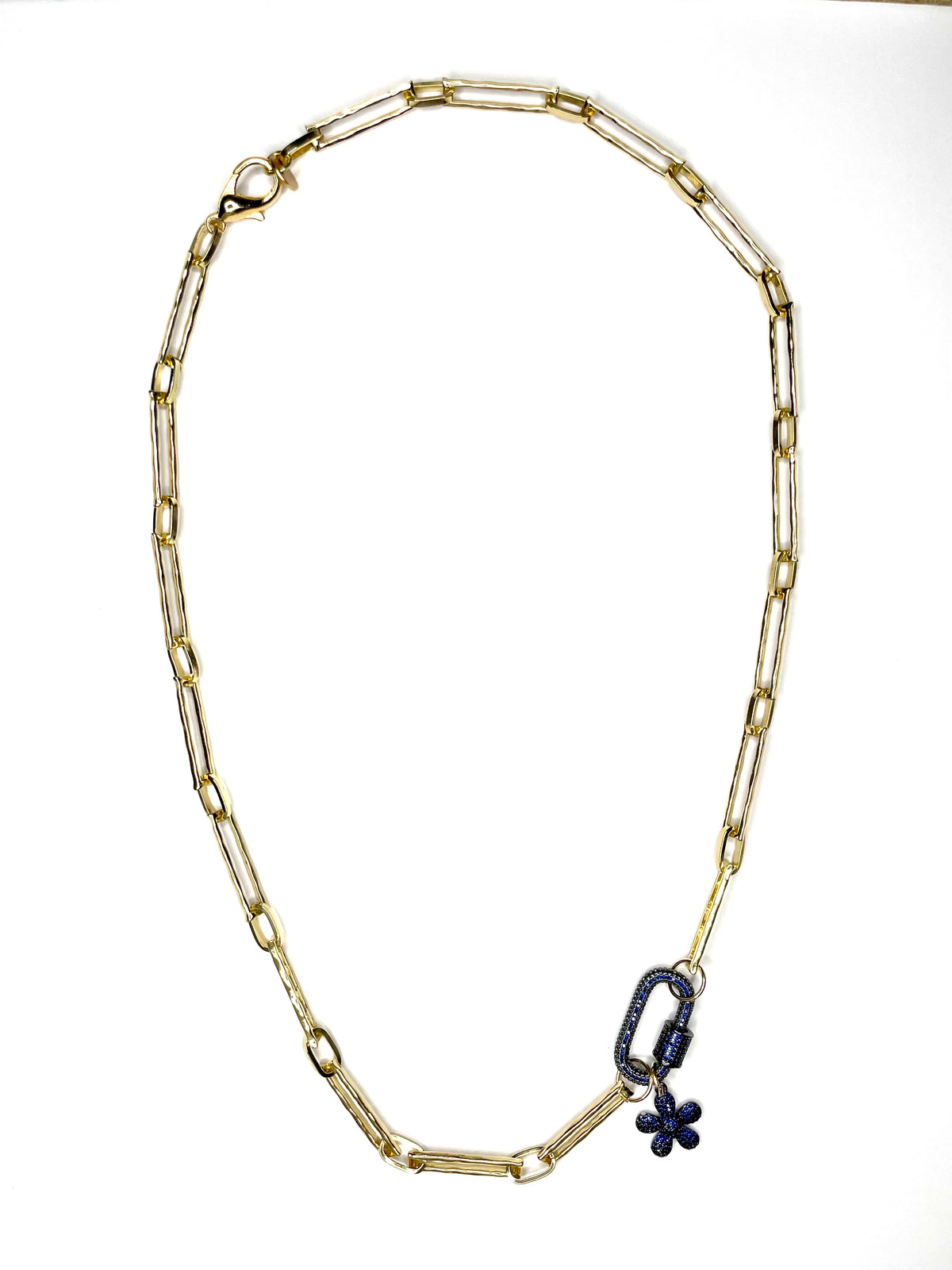 Flossie Medium Length Paper Clip Necklace with Blue CZ Carabiner and Charm