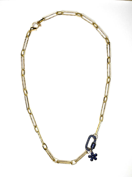 Flossie Medium Length Paper Clip Necklace with Blue CZ Carabiner and Charm
