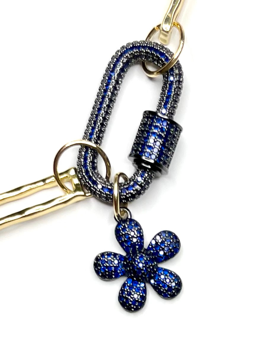 Flossie Medium Length Paper Clip Necklace with Blue CZ Carabiner and Charm