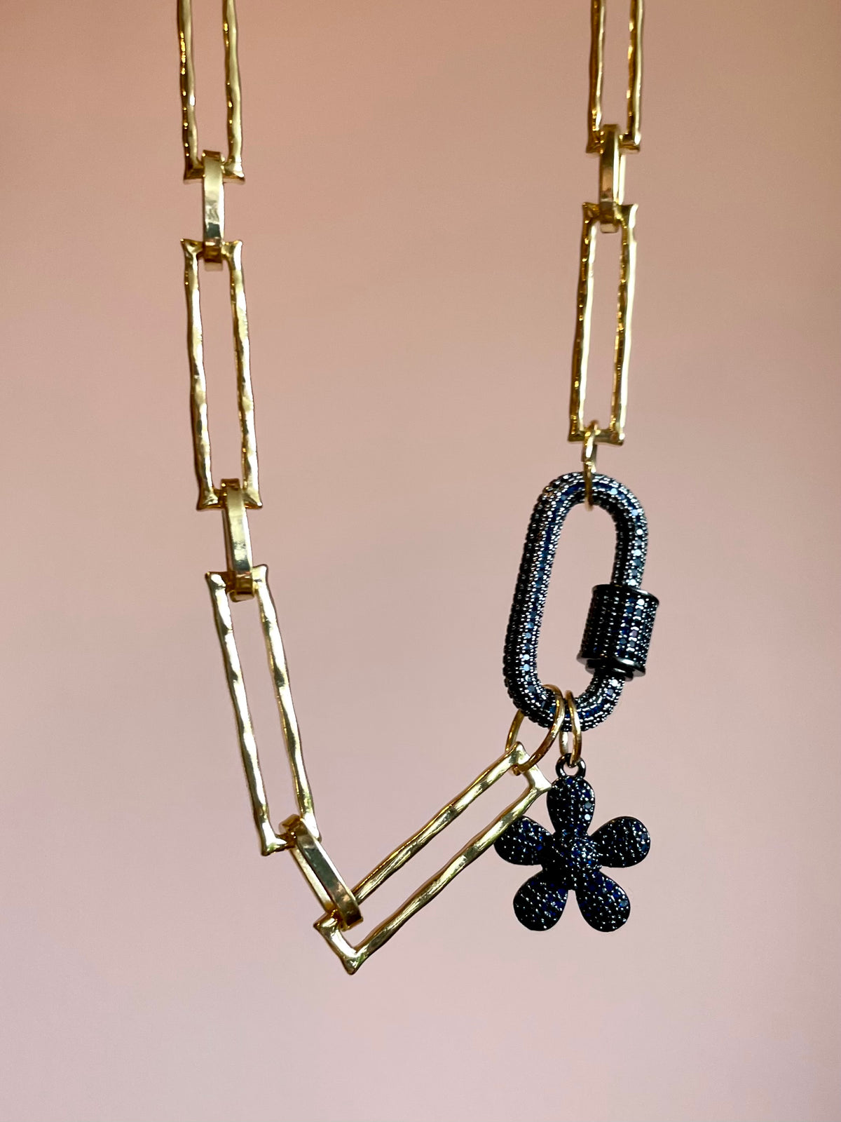 Flossie Medium Length Paper Clip Necklace with Blue CZ Carabiner and Charm