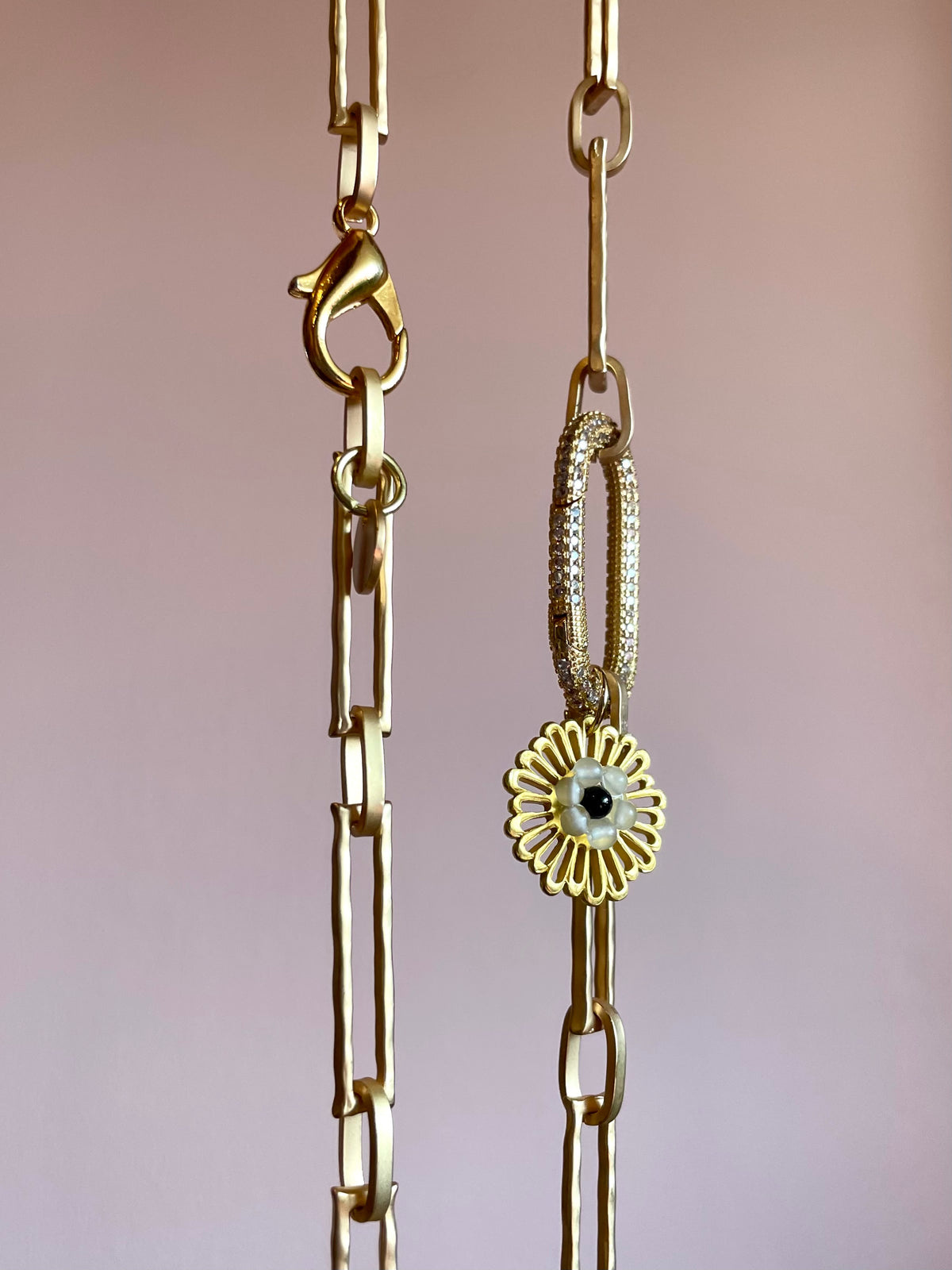 Mopsy Longest Length Paper Clip Chain Necklace with Beaded Flower Charm